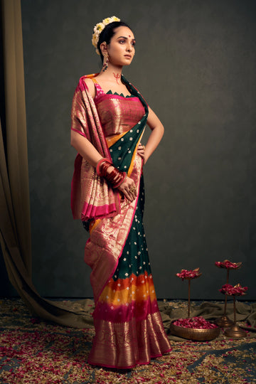 Green & Pink Bandhani Silk Saree