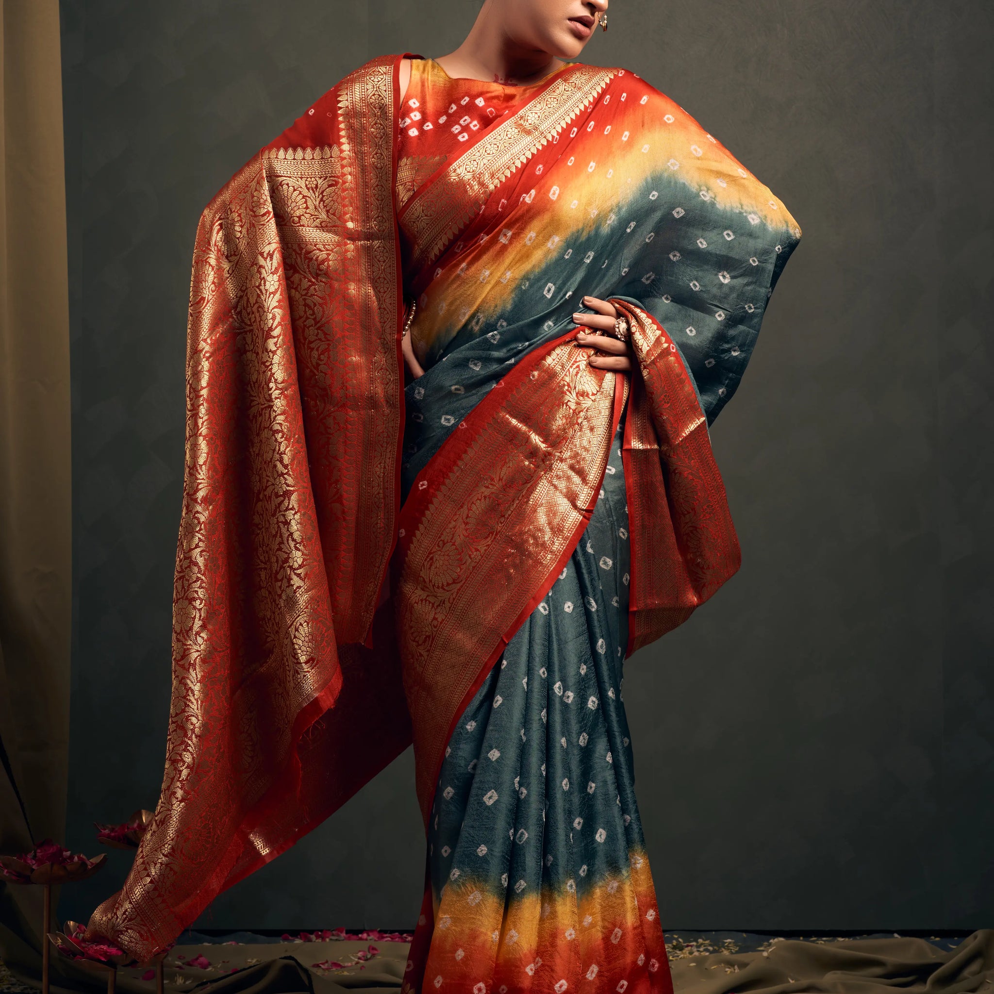 Gray & Red Bandhani Silk Saree