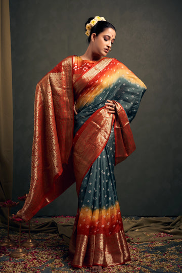 Gray & Red Bandhani Silk Saree