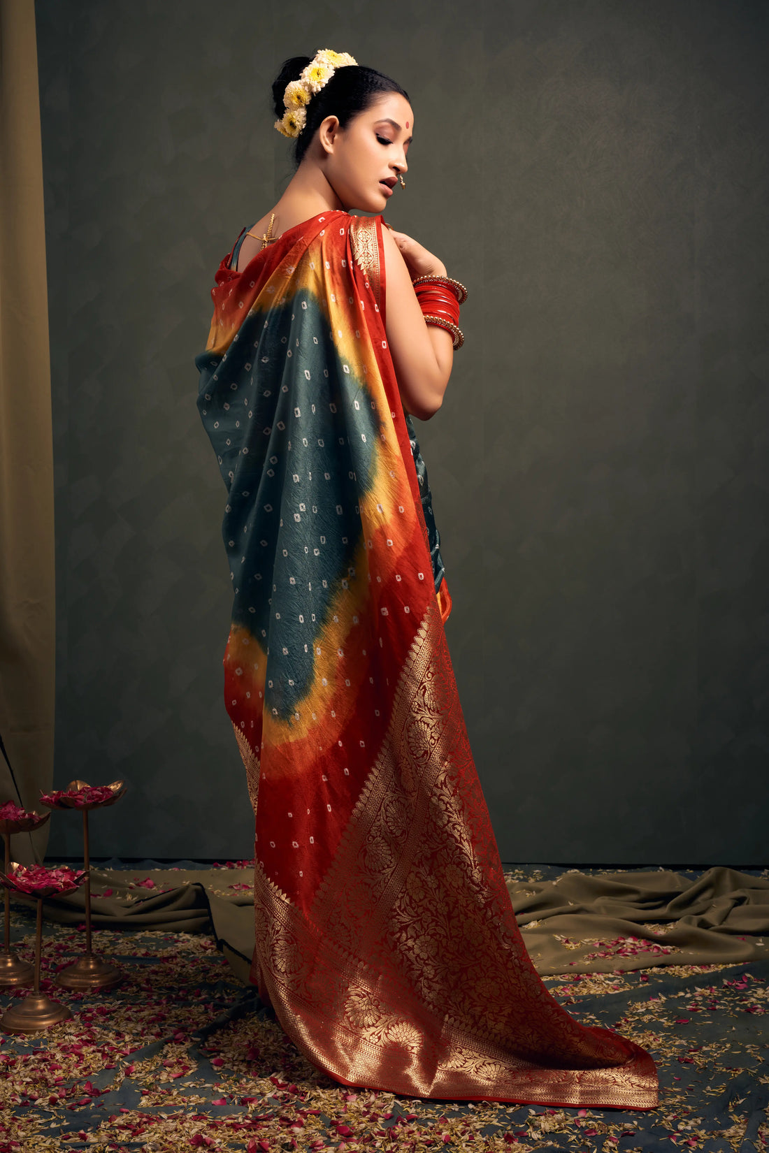 Gray & Red Bandhani Silk Saree