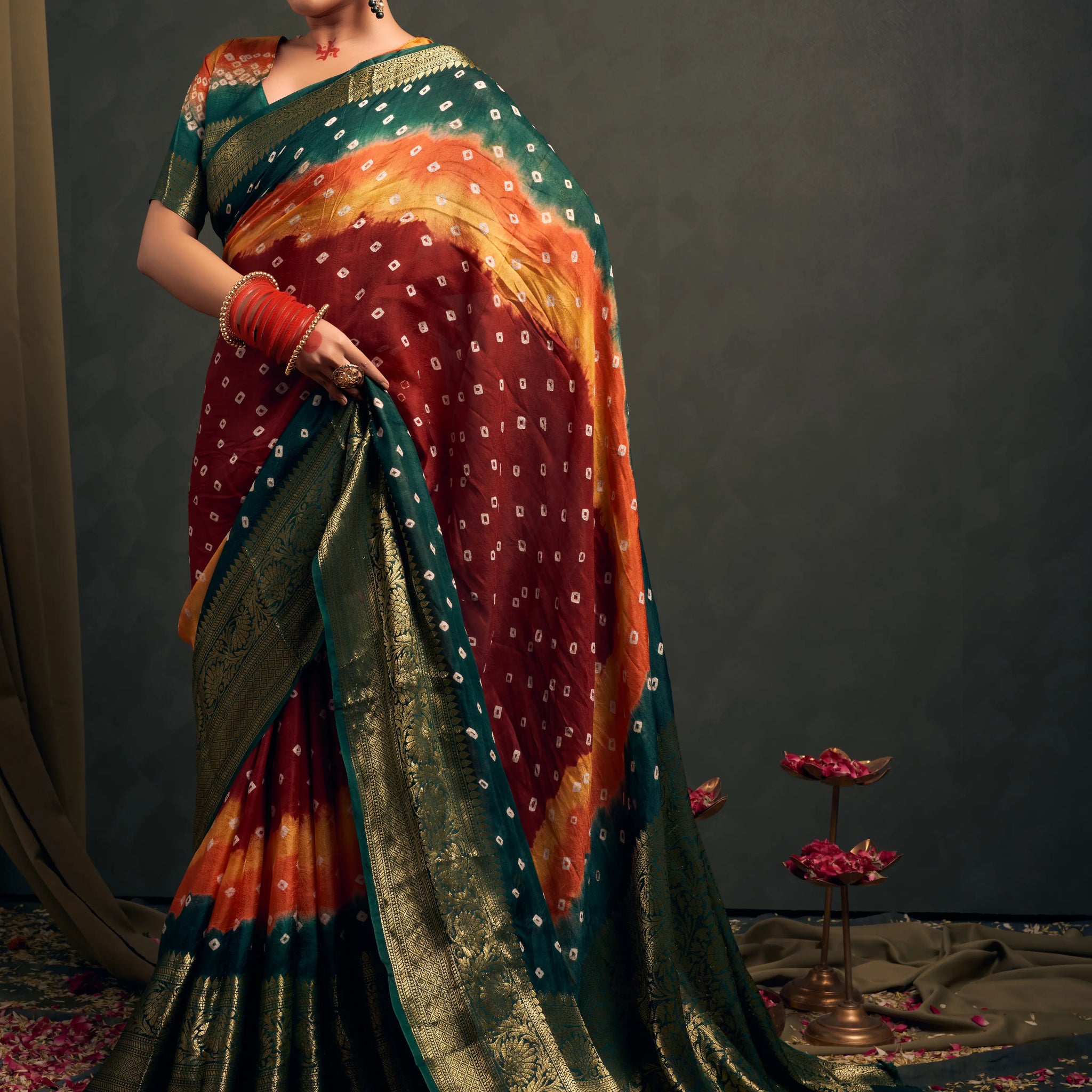 Maroon & Green Bandhani Silk Saree