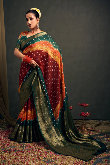 Maroon & Green Bandhani Silk Saree