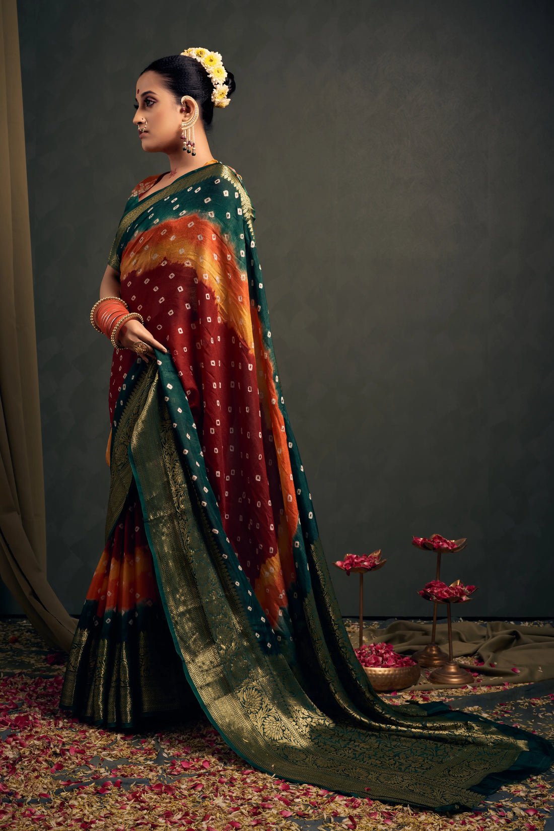 Maroon & Green Bandhani Silk Saree