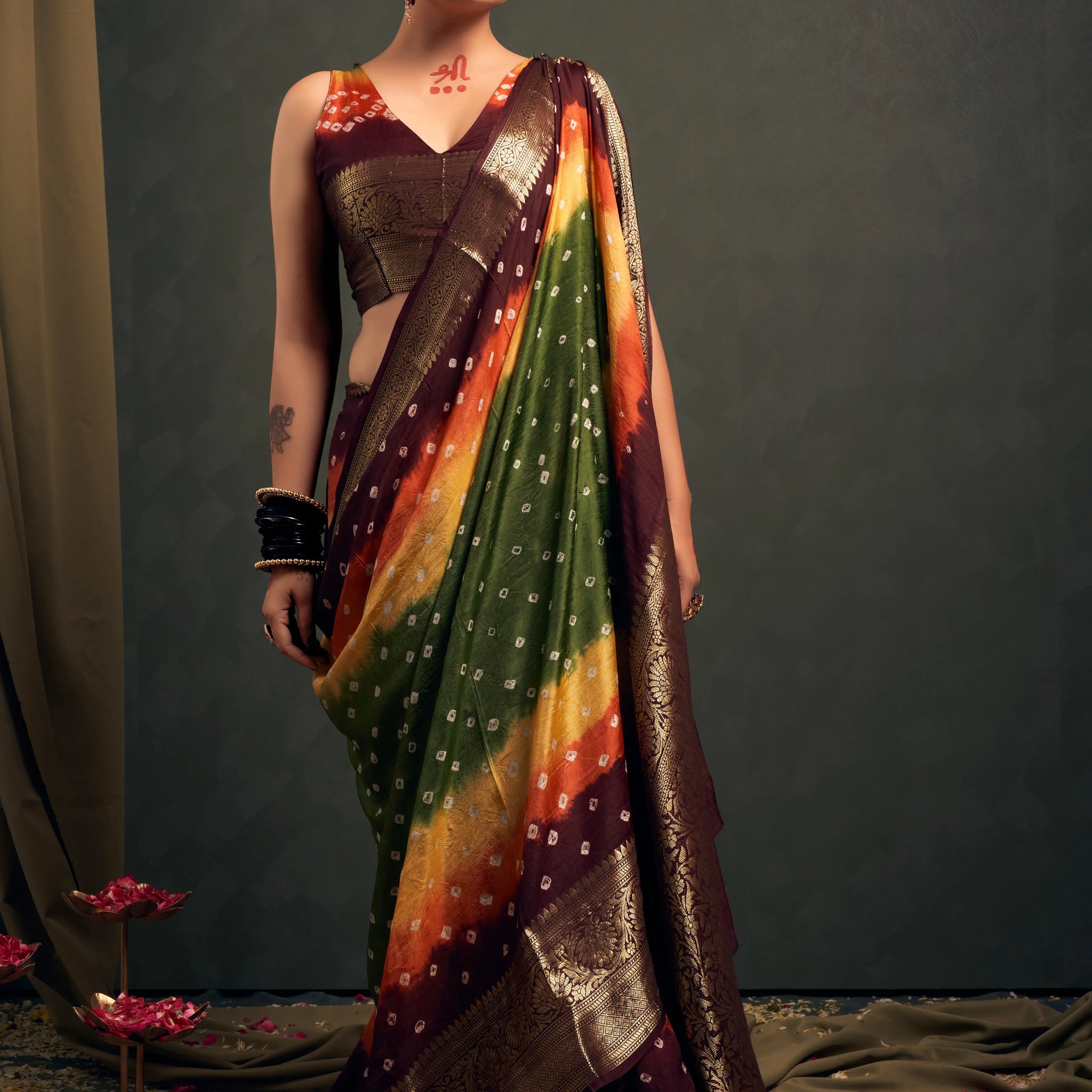 Mehendi & Maroon Bandhani Silk Saree