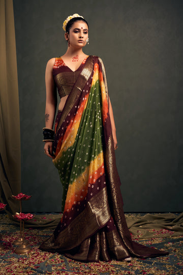 Mehendi & Maroon Bandhani Silk Saree