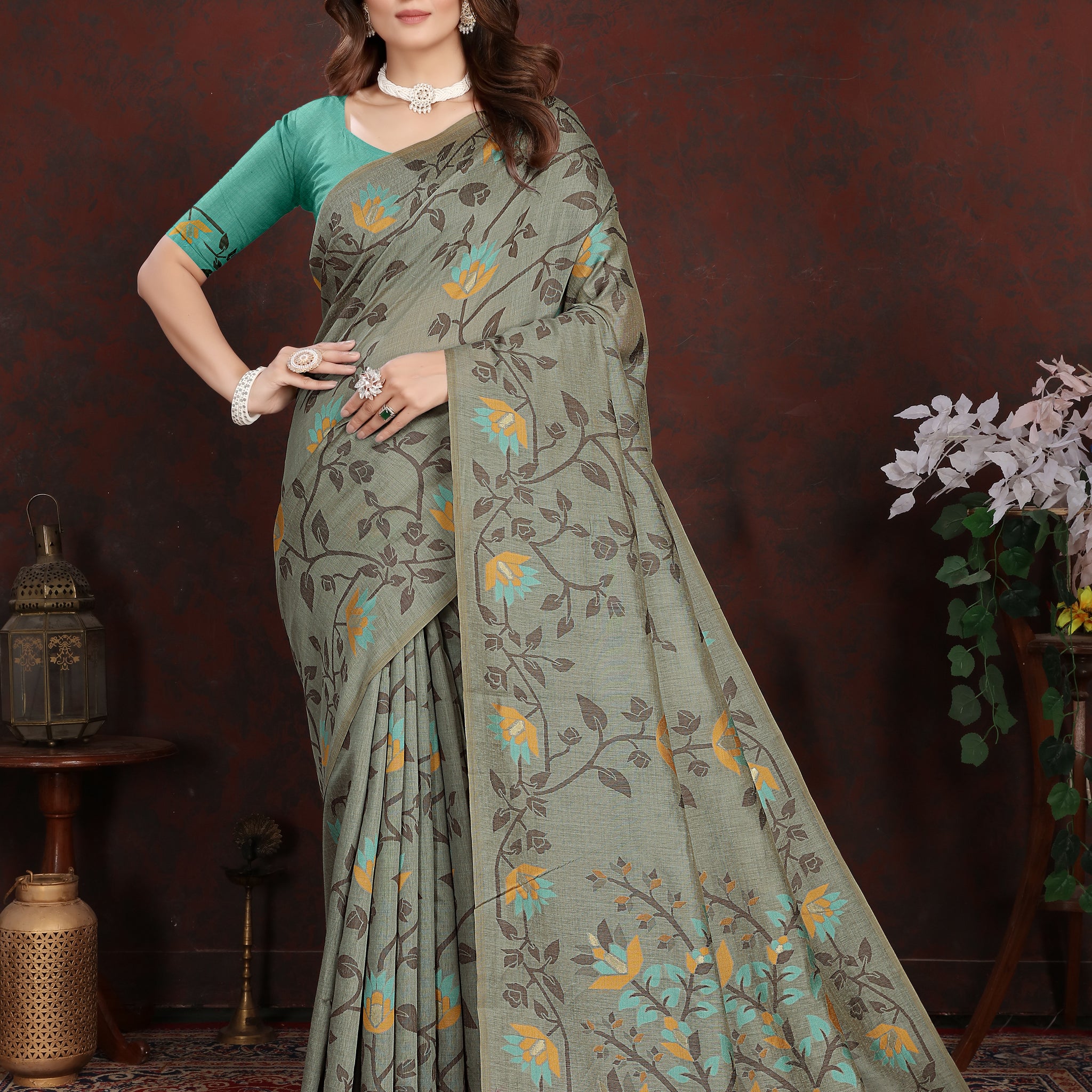 Gray Mulmul Cotton Saree