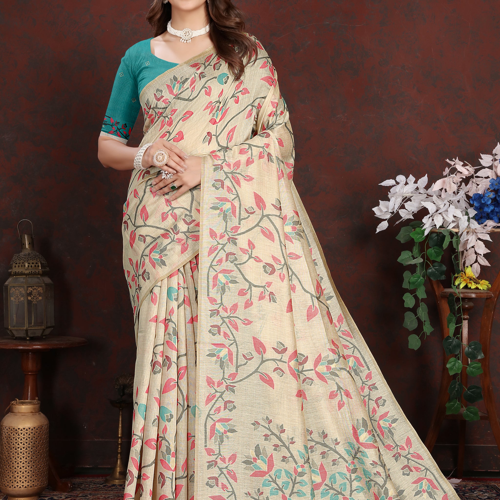 Turquoise Mulmul Cotton Saree