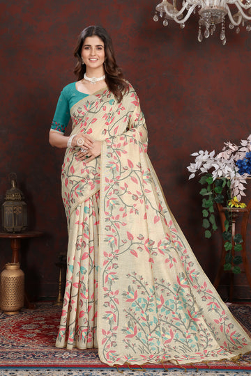 Turquoise Mulmul Cotton Saree