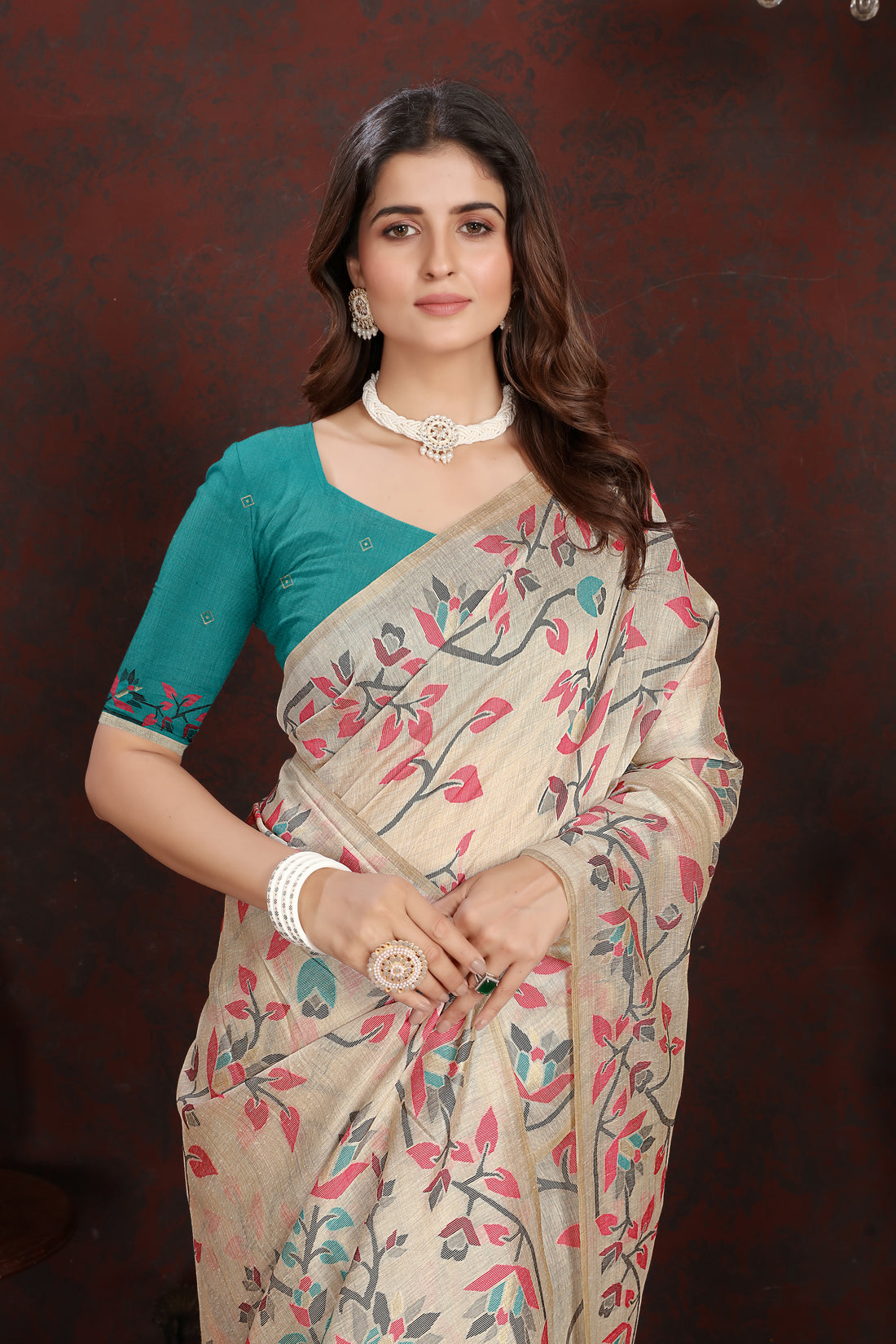 Turquoise Mulmul Cotton Saree