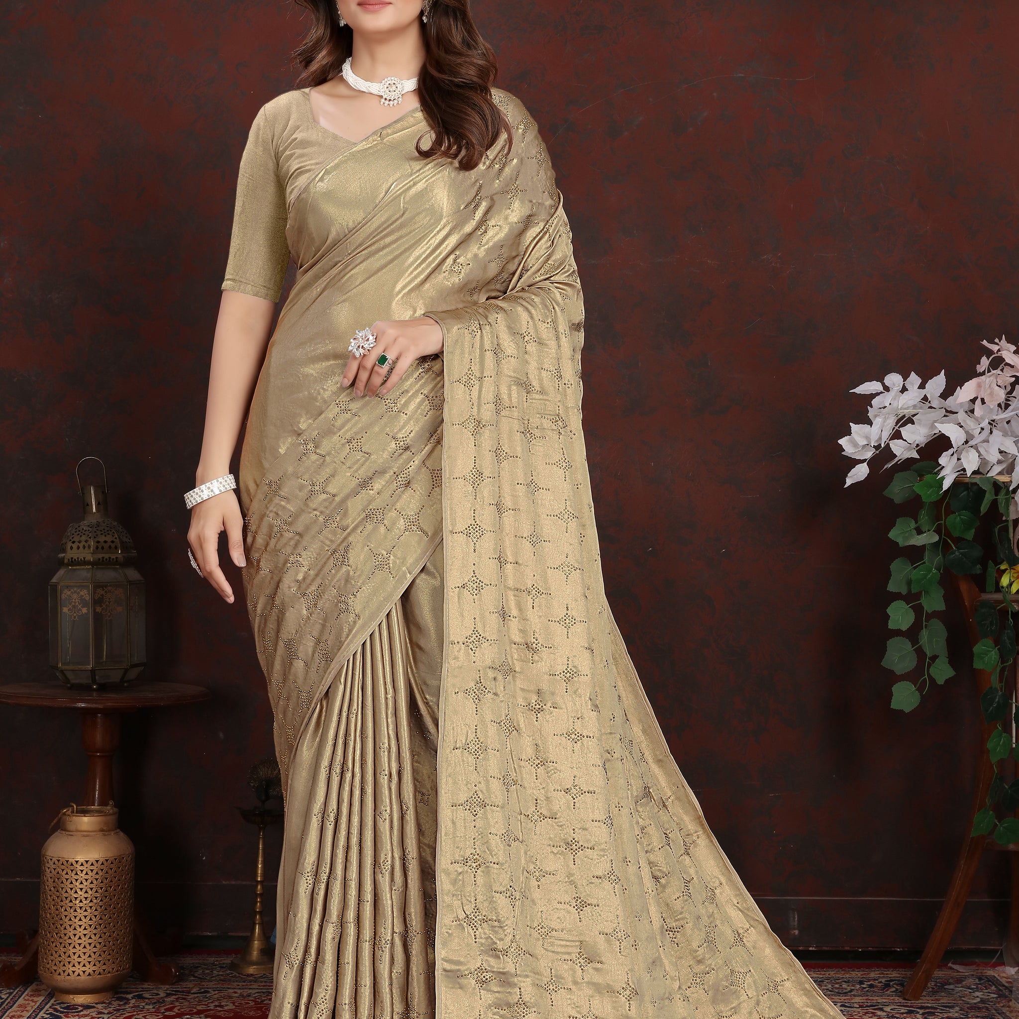 Golden Satin Silk Saree