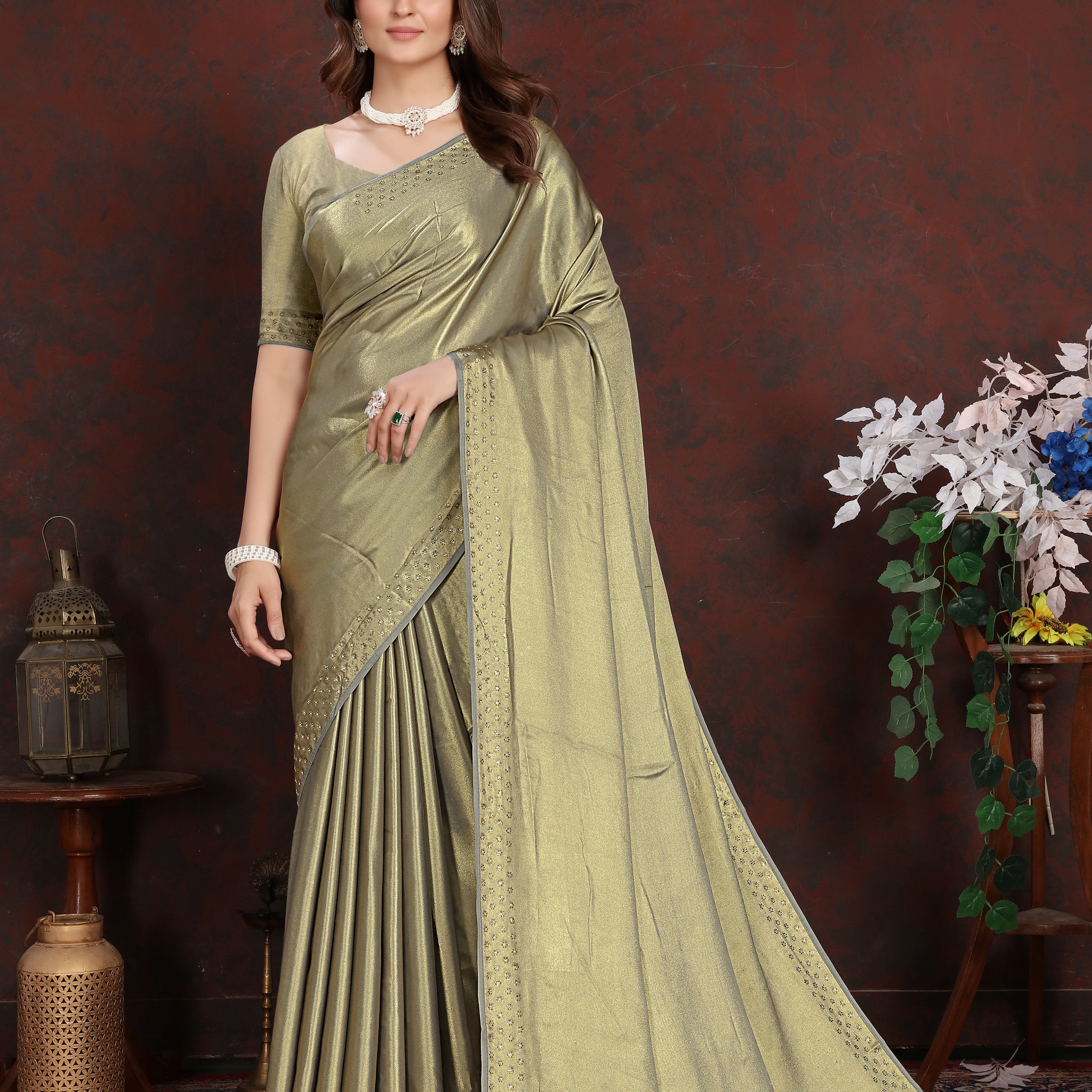 Green Satin Silk Saree