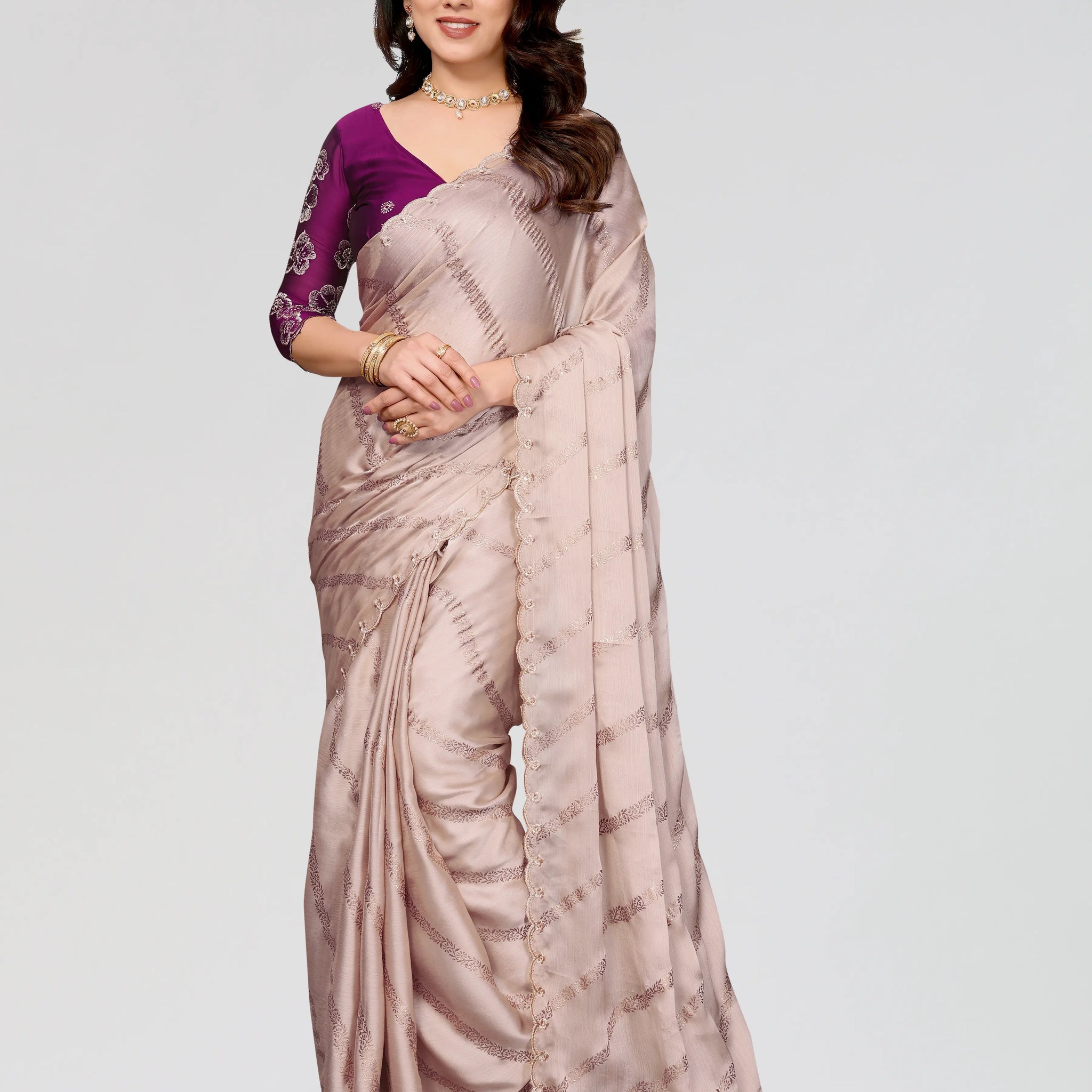 Beige Satin Chiffon Saree