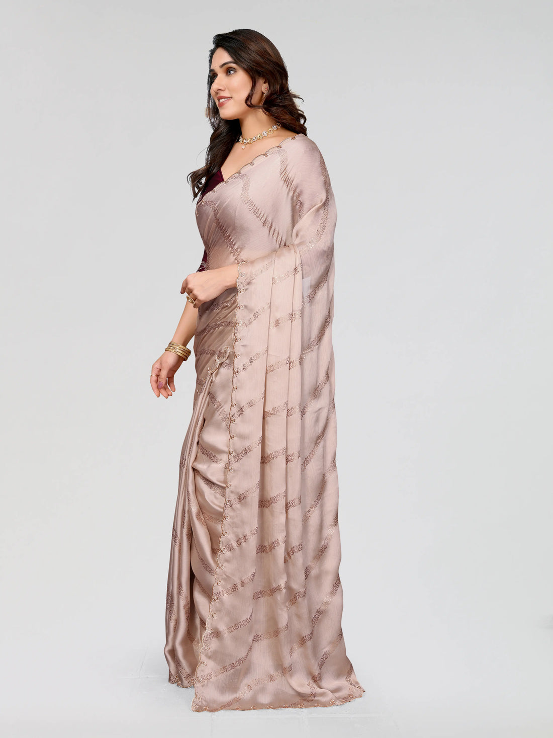 Beige Satin Chiffon Saree