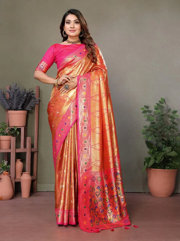 Orange Banarasi Tissue Silk Saree