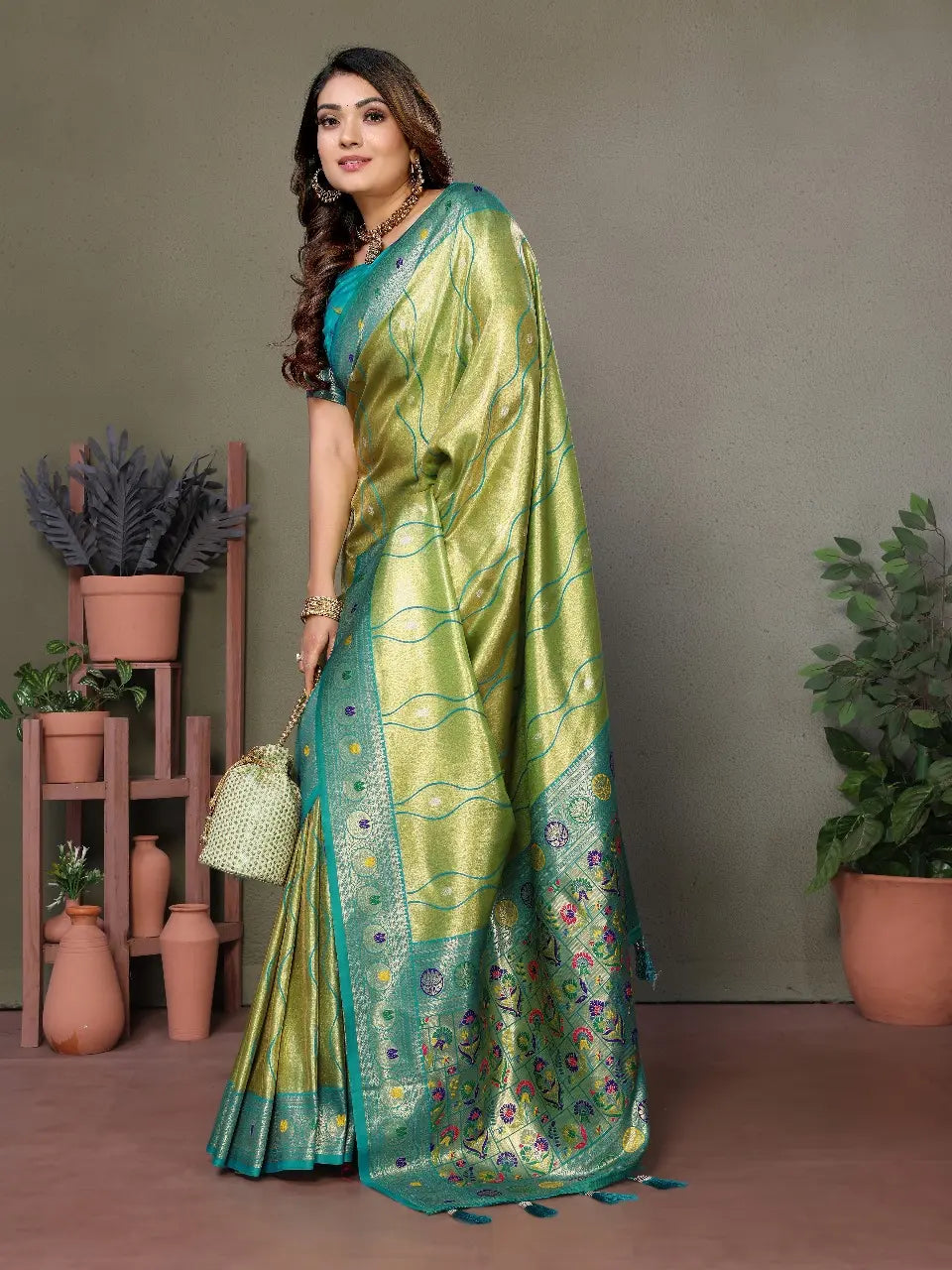 Lime Green Banarasi Tissue Silk Saree