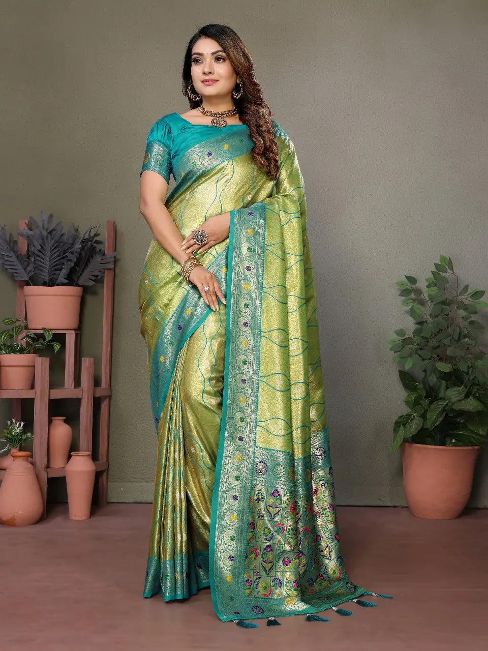 Lime Green Banarasi Tissue Silk Saree