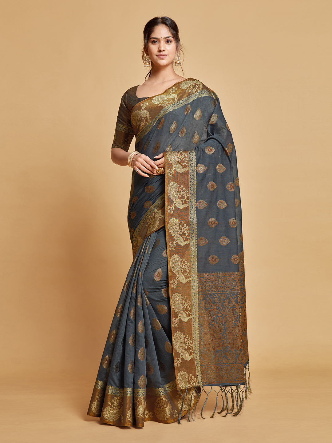 Gray Chanderi Cotton Saree