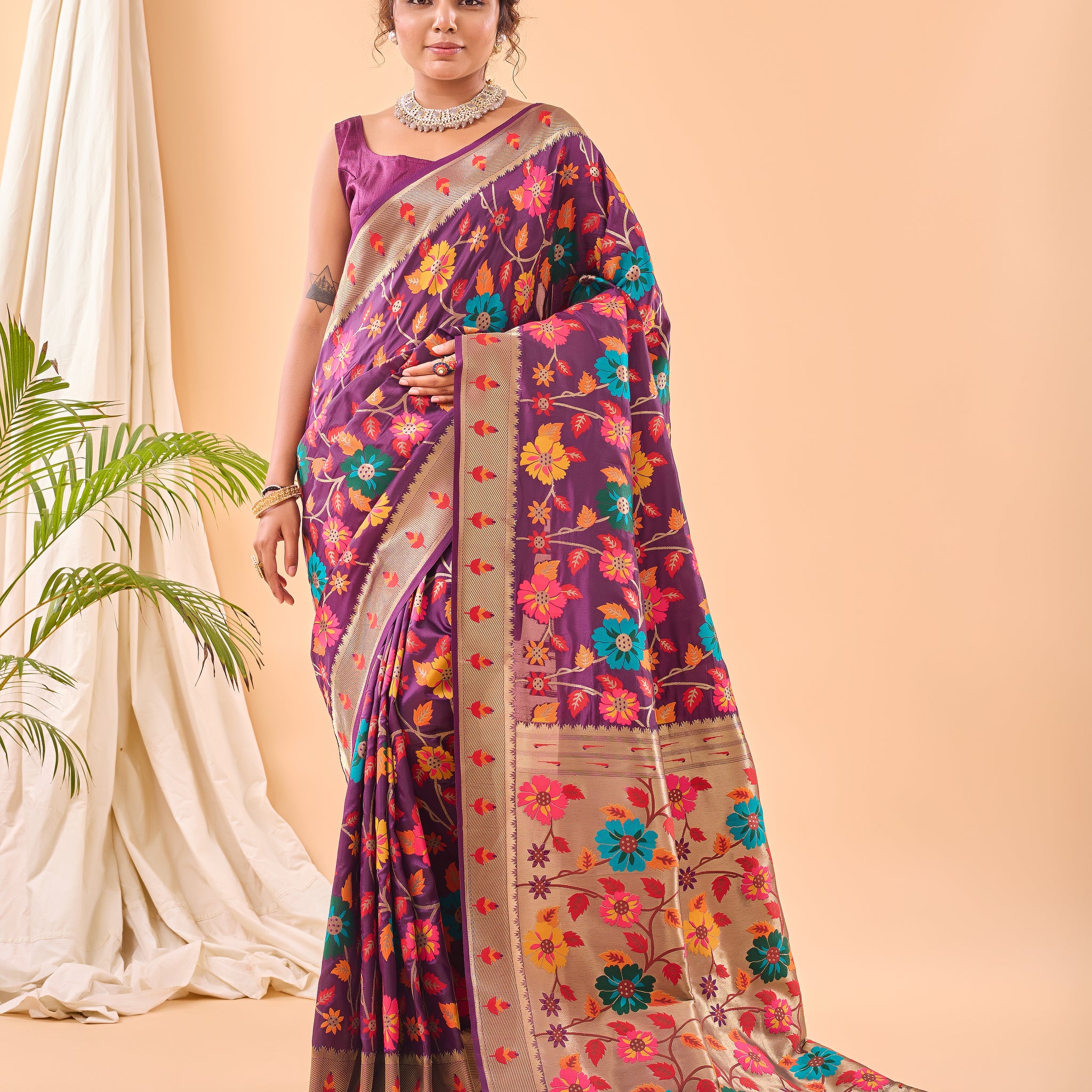 Wine Paithani Silk Saree