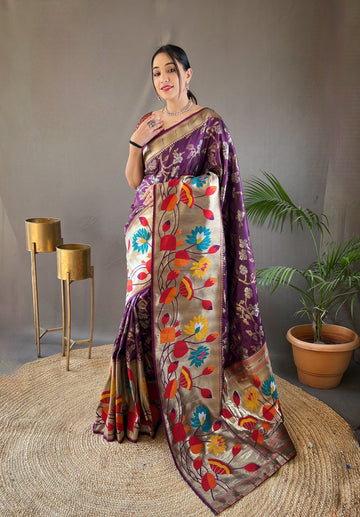 Wine Paithani Silk Saree