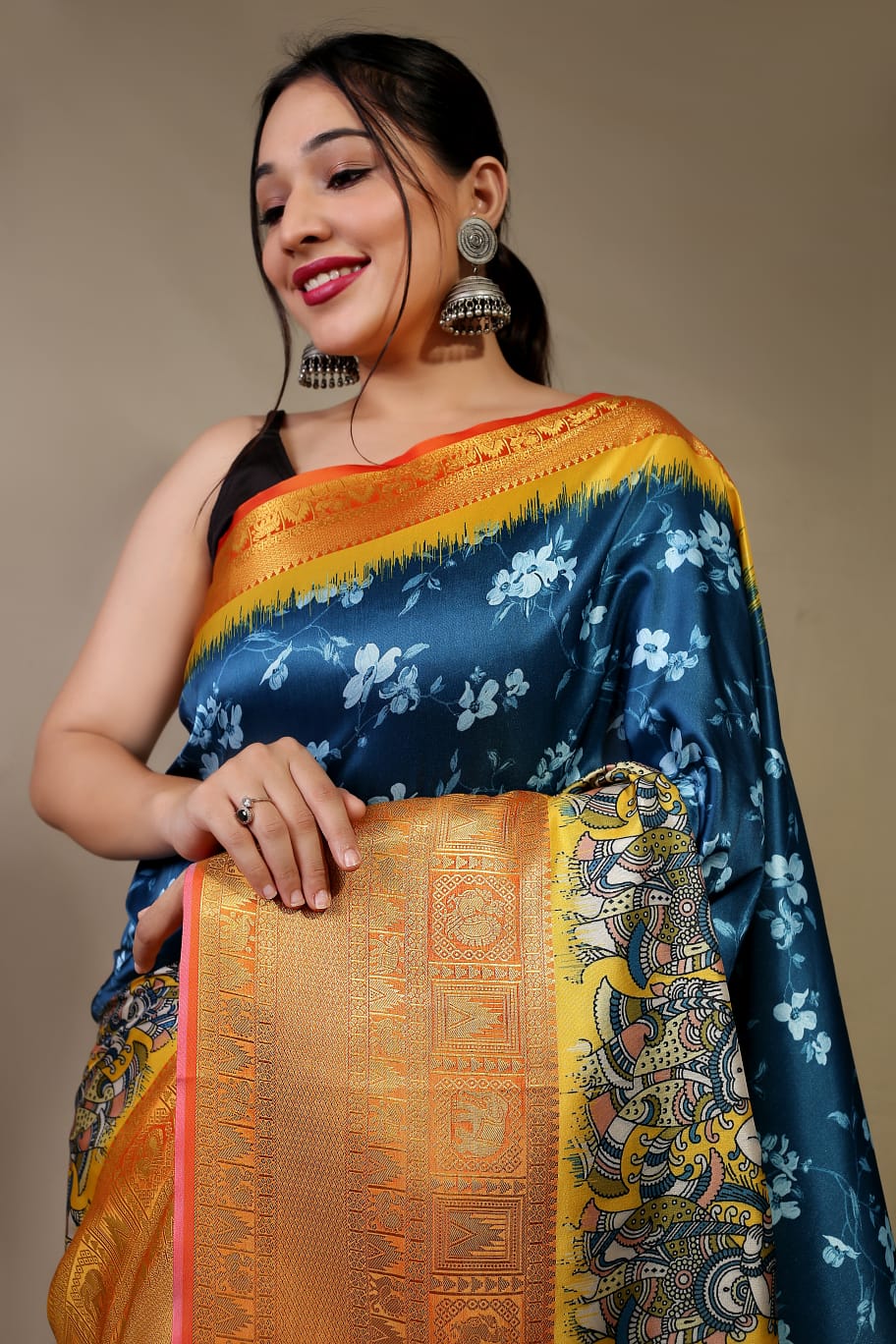 Blue Kanchipuram Digital Print Saree