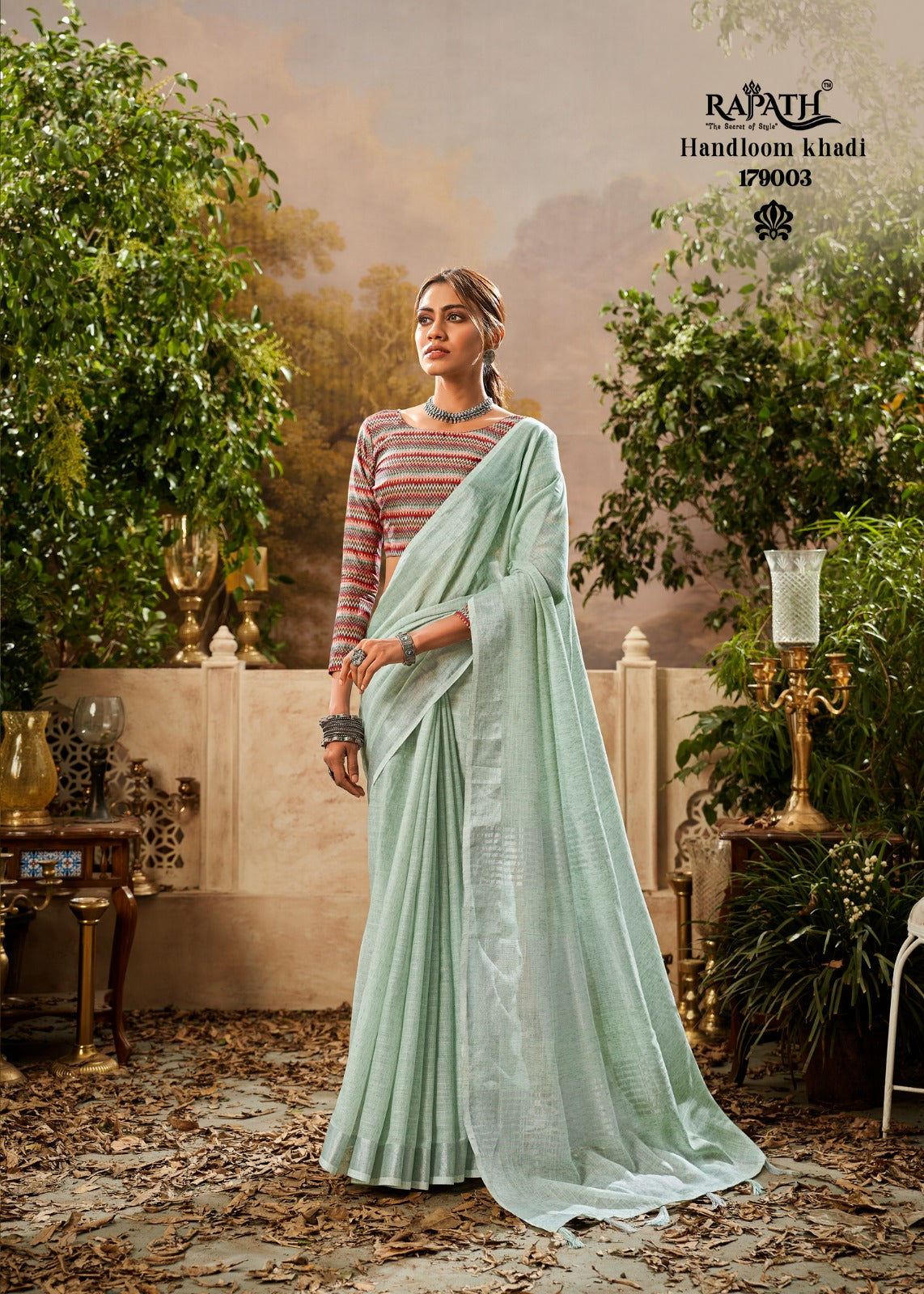 Sea Green Handloom khadi linen with digital print saree