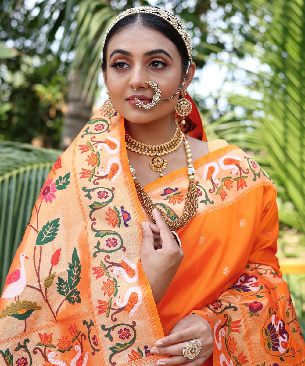 Orange Banarasi Silk Saree | Leemboodi