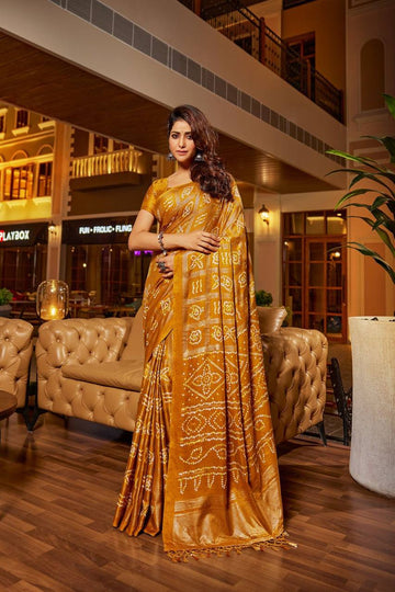 Yellow Soft  Bandhej Silk Saree