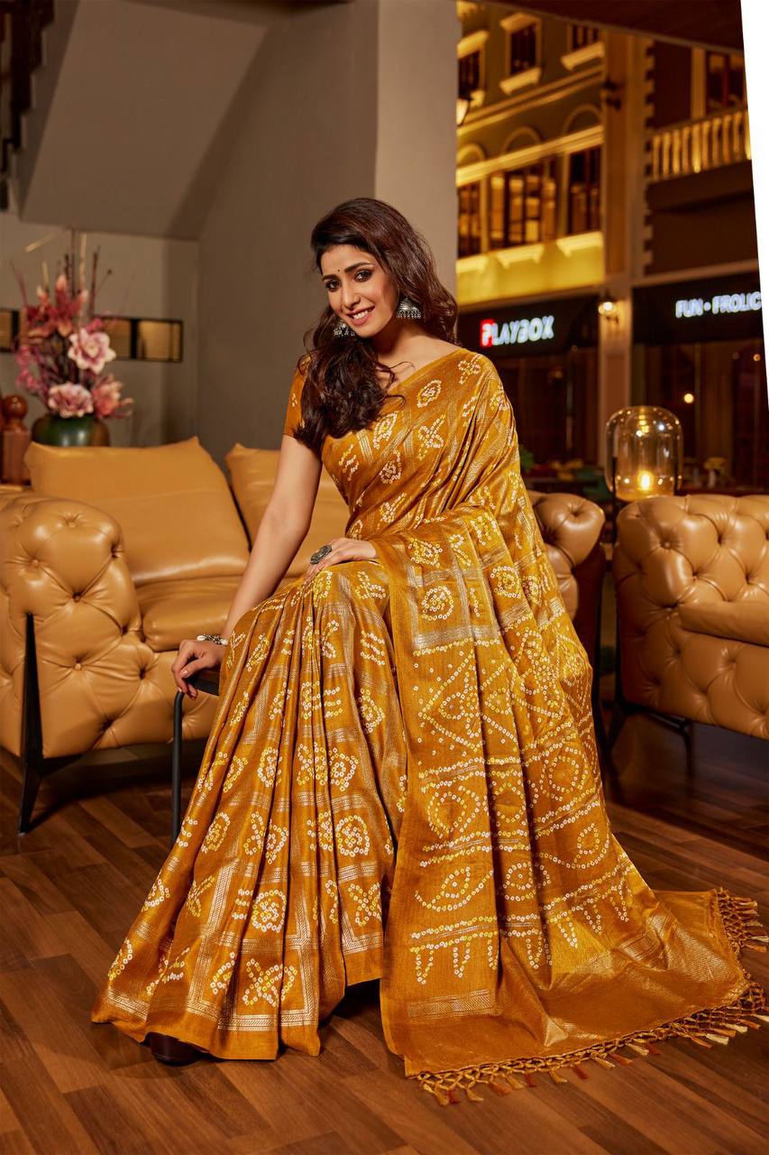 Yellow Soft  Bandhej Silk Saree