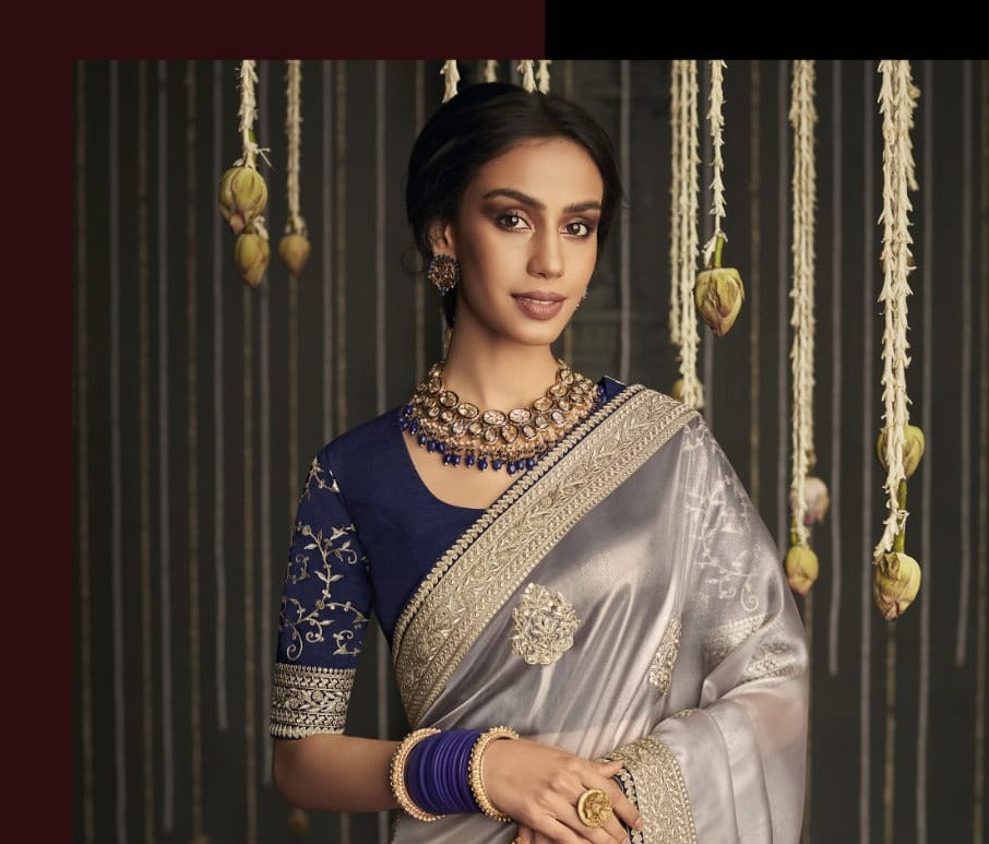 Golden Tissue Sari With Bridal Blouse - Saree Blouse Patterns