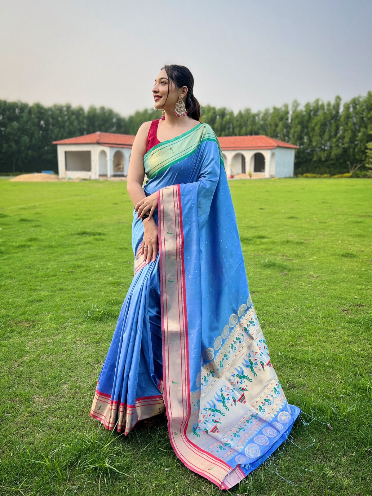 Laxmi Silk Blue And Red Paithani Saree