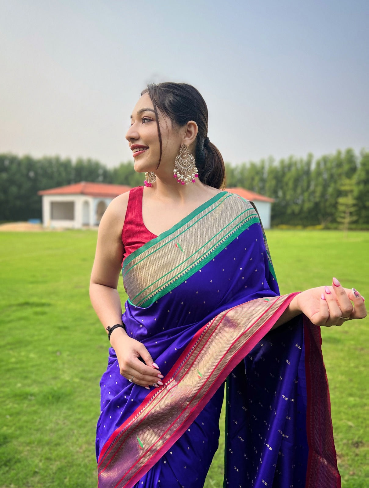 TEAL GREEN & Red Banarasi Paithani Style Designer Saree with Designer Blouse  | The Silk Trend