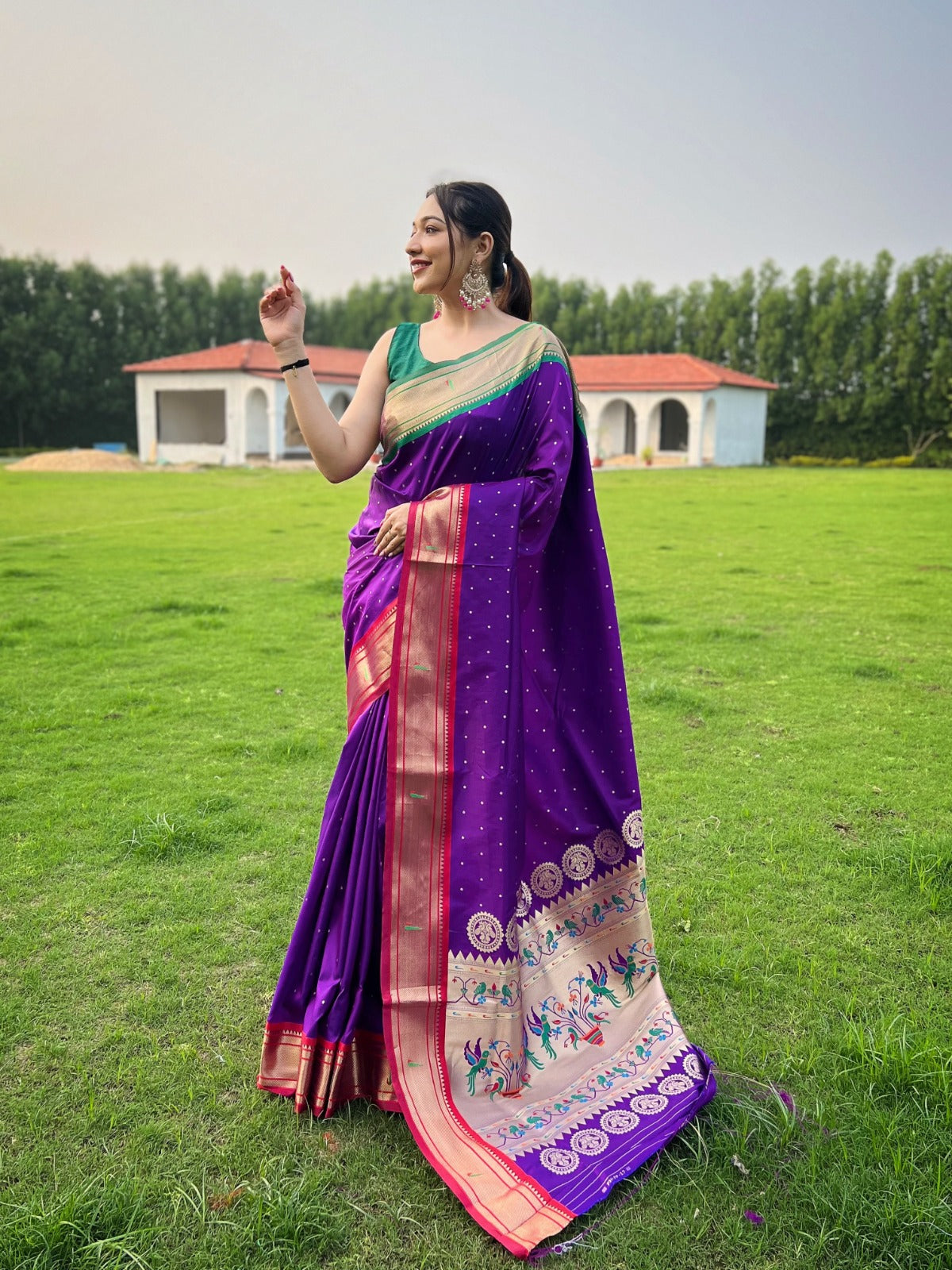 A striking combination of bright green and deep purple! :) Check out that  Choker!! PC… | Blouse work designs, Traditional blouse designs, Maggam work  blouse designs