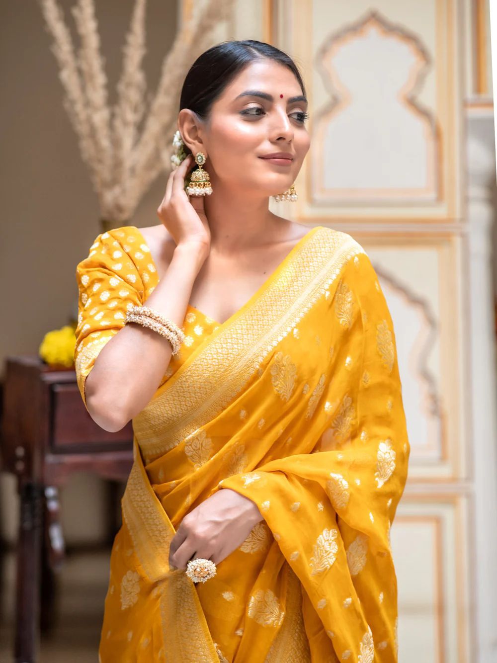 Buy Shimmer Georgette Saree In Golden Colour Online - SARV04103 | Andaaz  Fashion