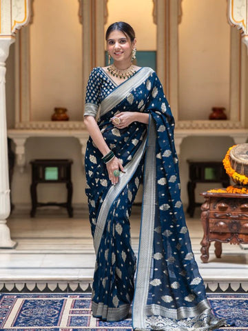 Prussian Blue Soft Banarasi Khadi Georgette Saree