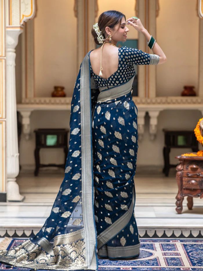 Navy Blue Georgette Saree | Saree designs, Elegant saree, Satin saree