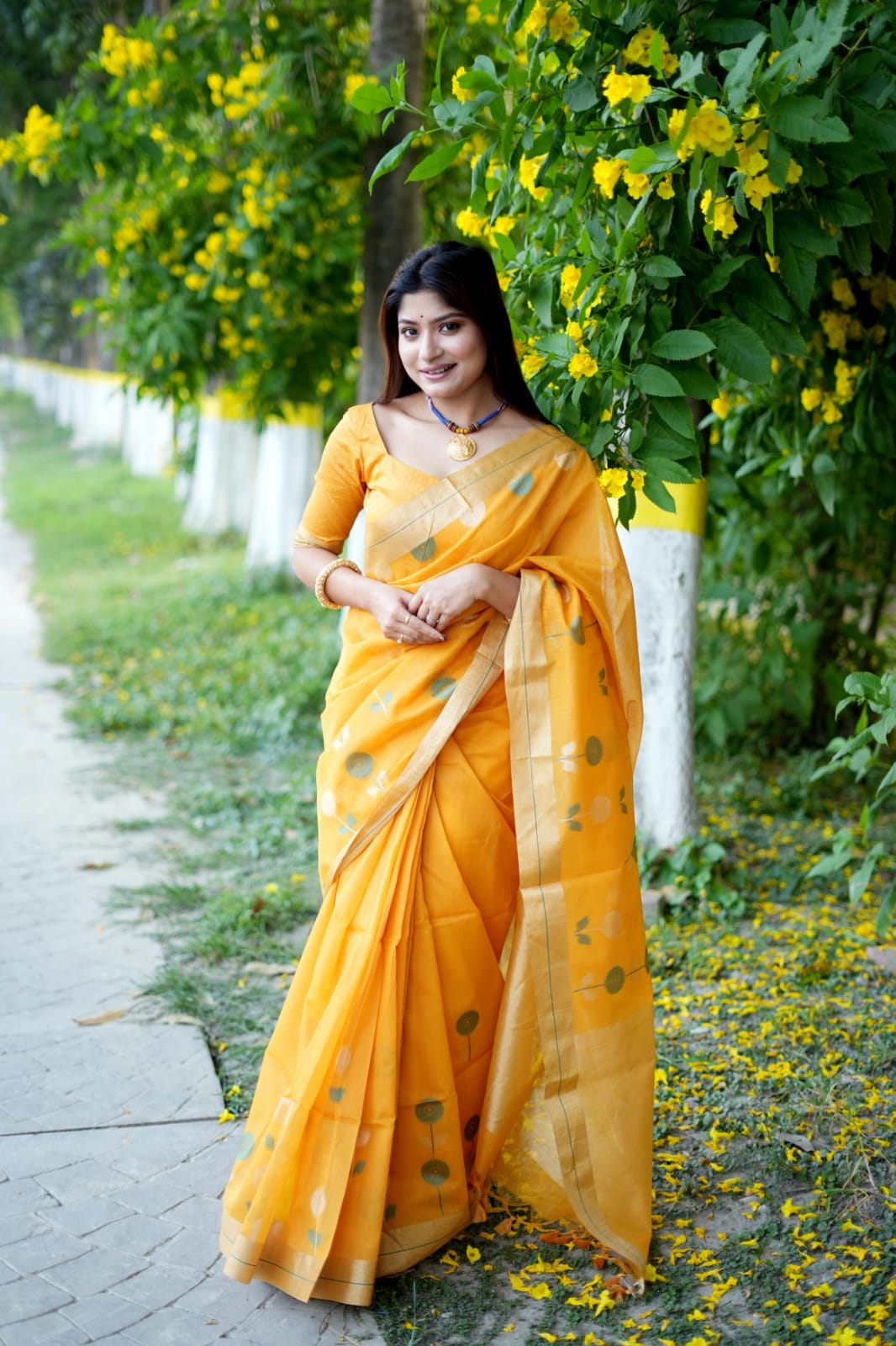 Yellow Pure Linen Silk Saree