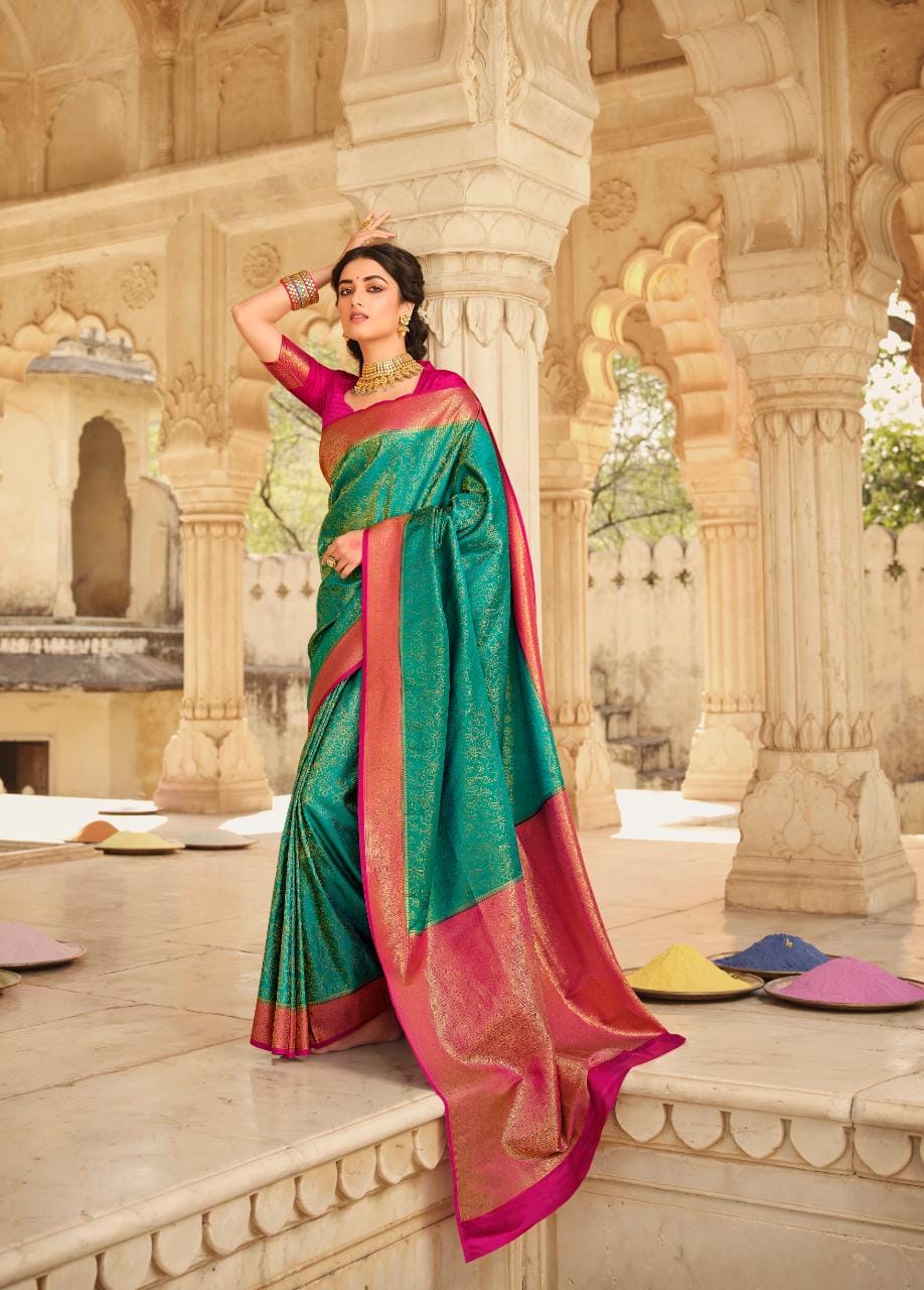 Shop Green and Pink Banarasi Silk Weaving Work Trendy Saree Online : 277740  -