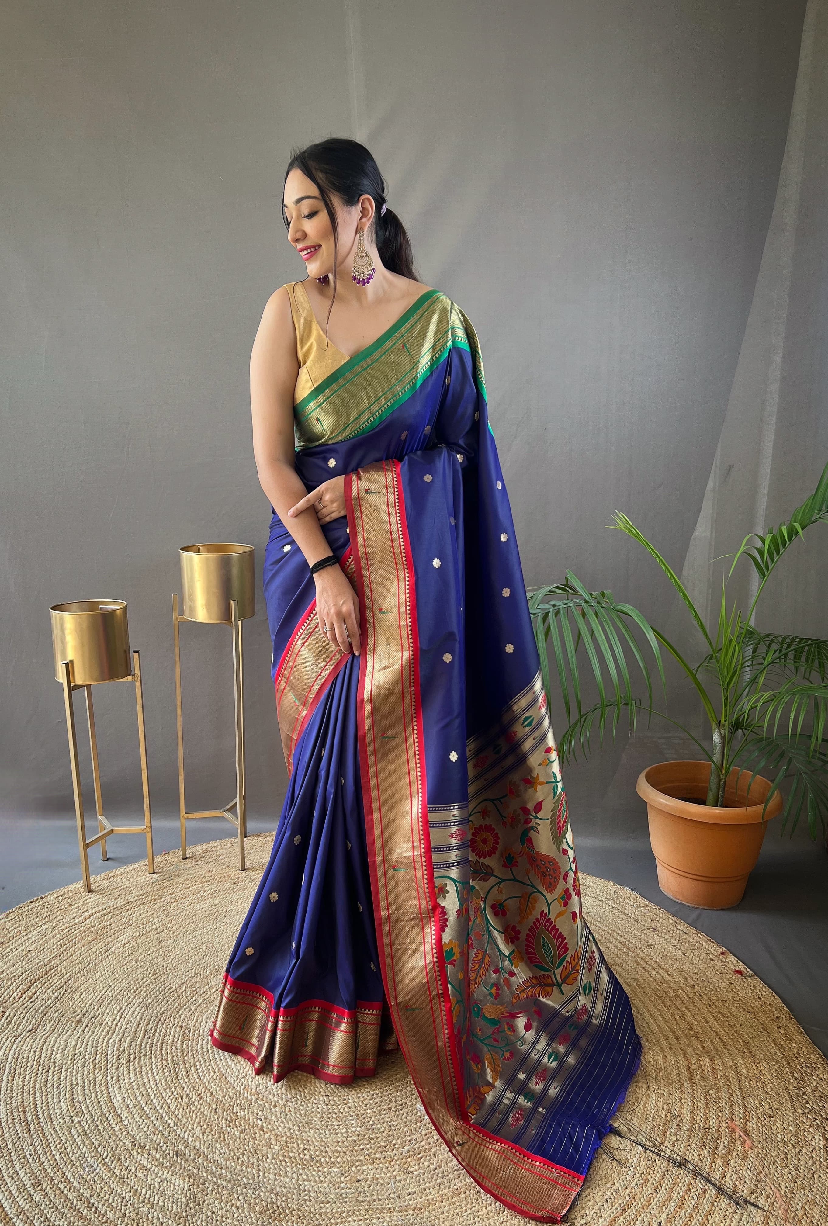 Buy Blue Silk Paithani Saree From Khushkar. FREE STITCHING FOR USA