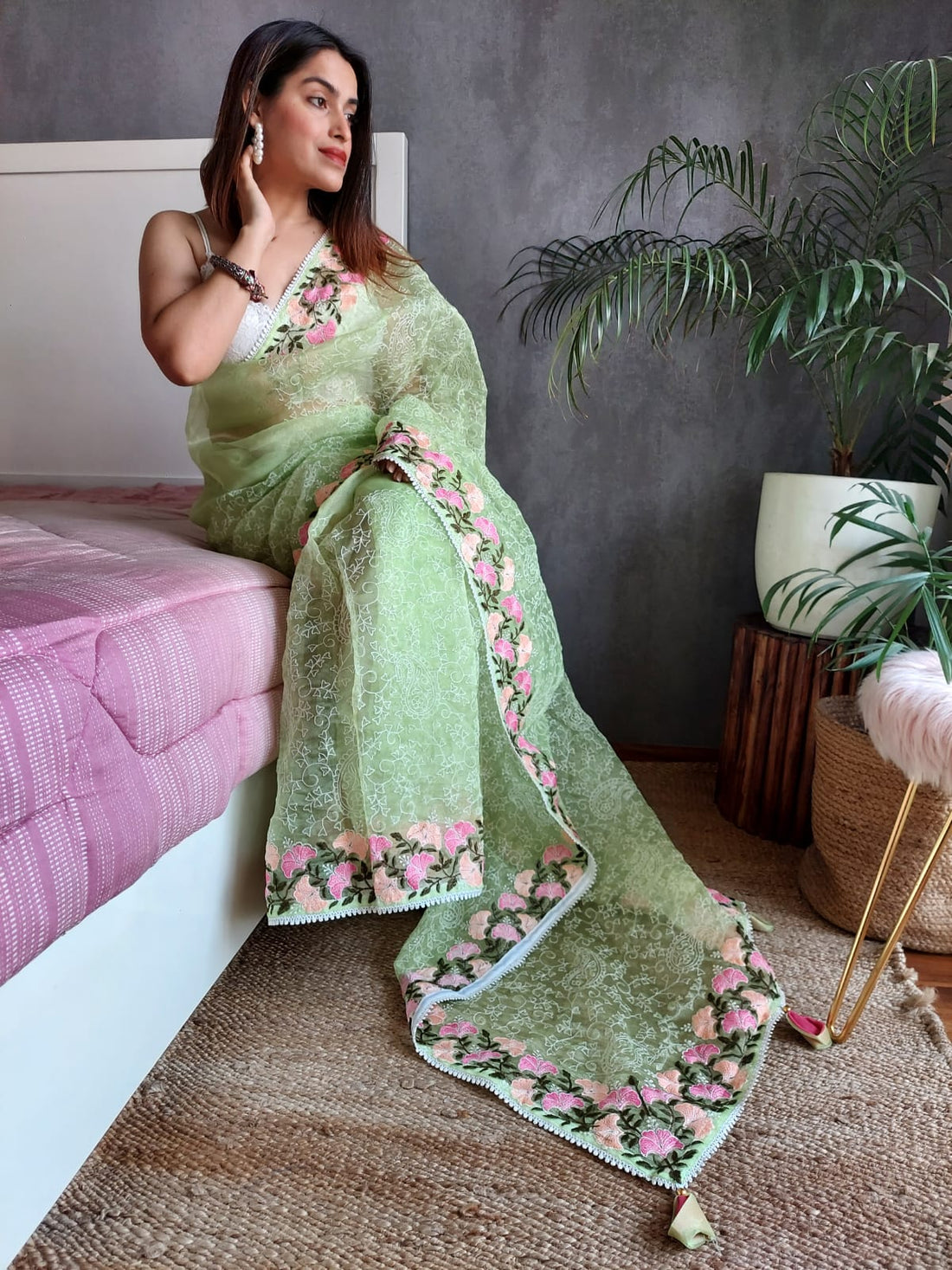 Mint Green Heavy Organza Silk Saree