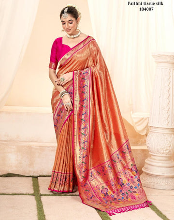 Orange Pure Paithani Tissue Silk Saree