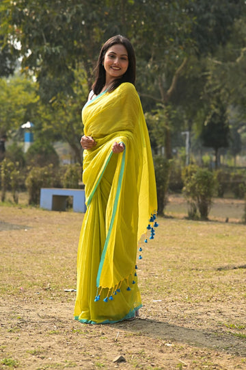 Lime Yellow Cotton Saree