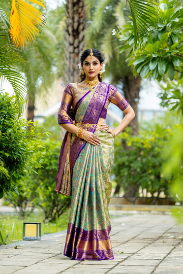 Green And Violet Kanjivaram Silk Saree