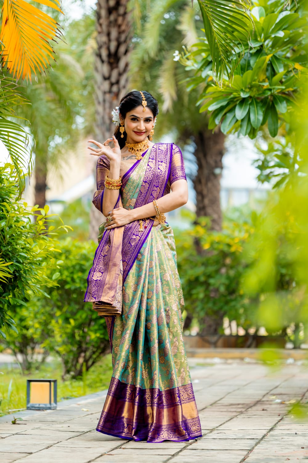 Green And Violet Kanjivaram Silk Saree