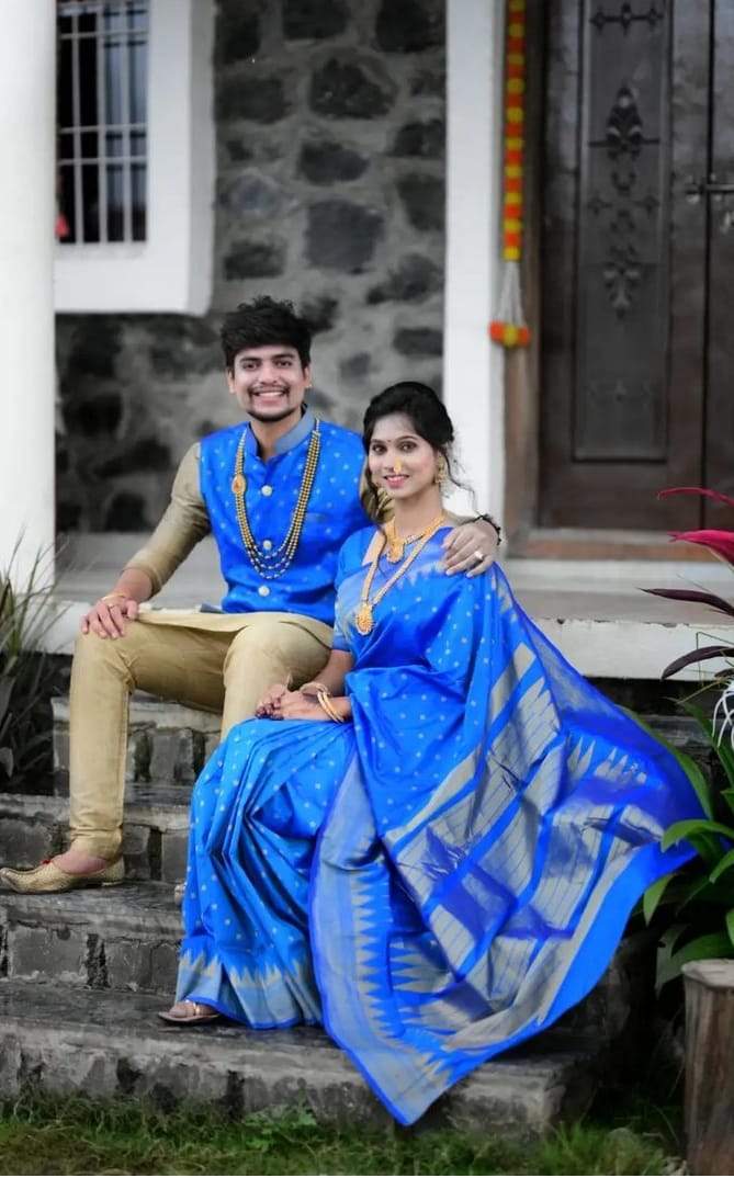 Blue Temple Irkal Paithani Couple Set Saree