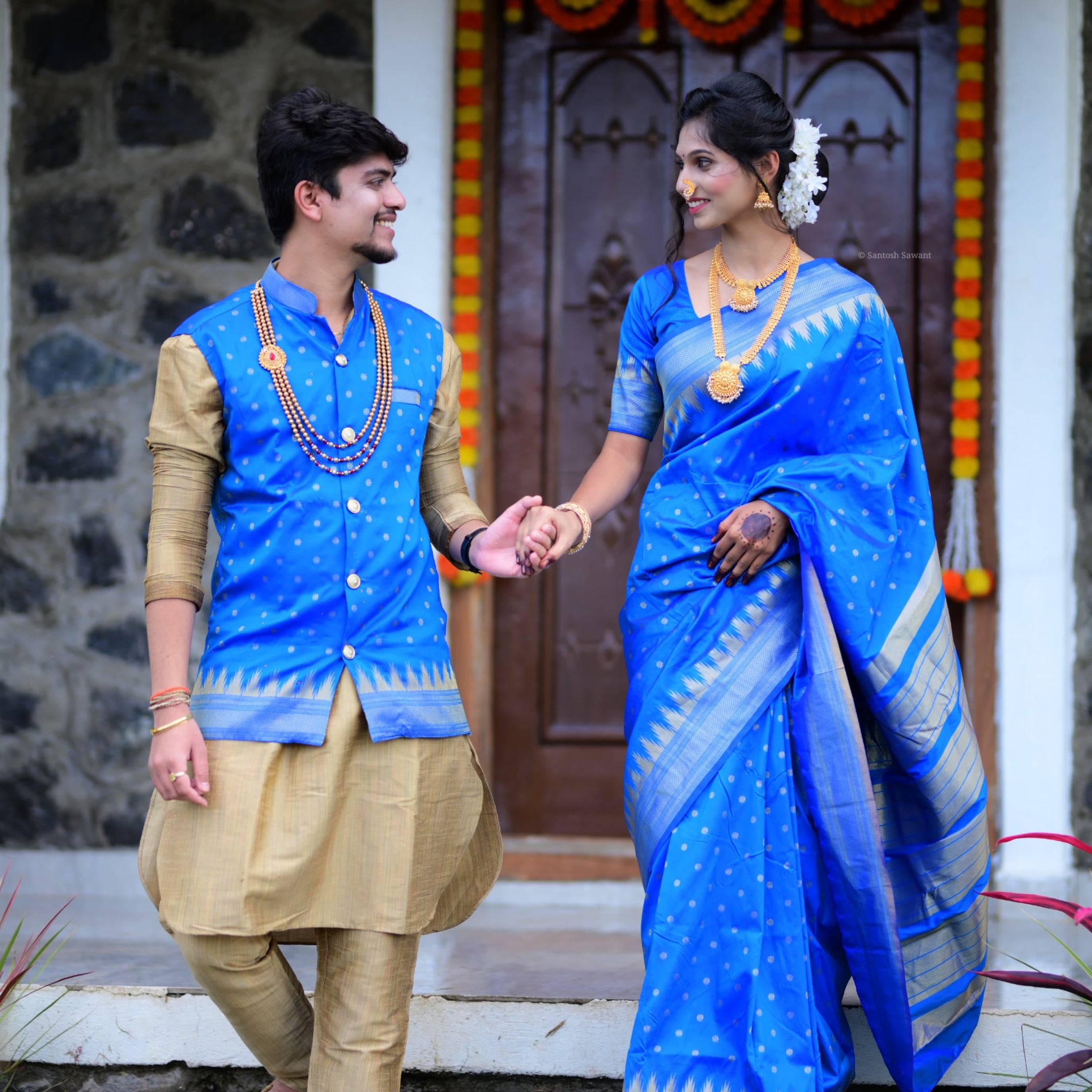 Blue Temple Irkal Paithani Couple Set Saree