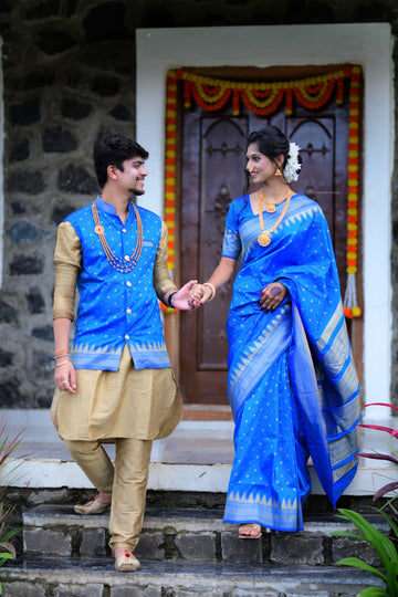 Blue Temple Irkal Paithani Couple Set Saree