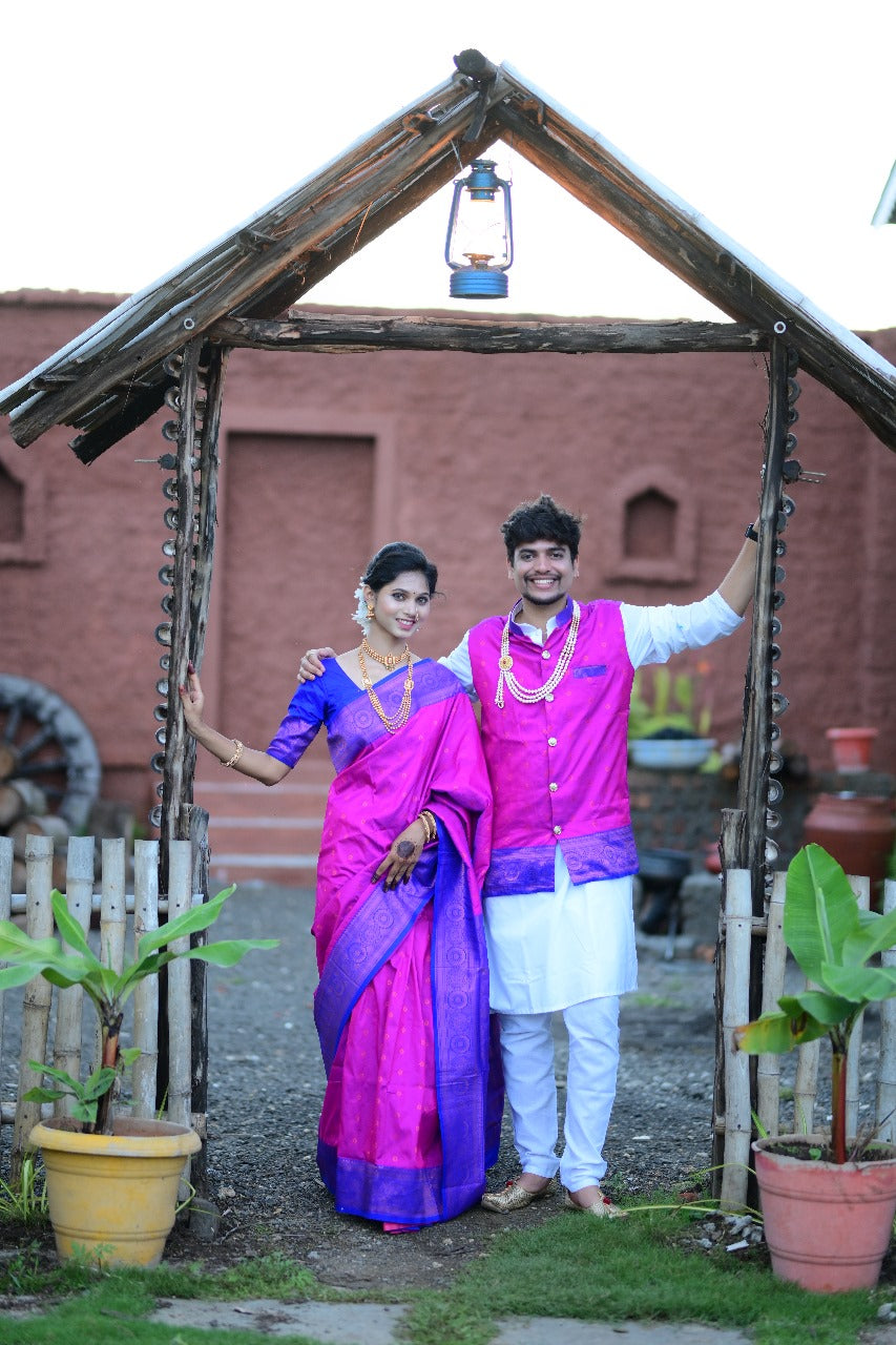 Pink Kanjivaram Border Paithani Couple Set Saree