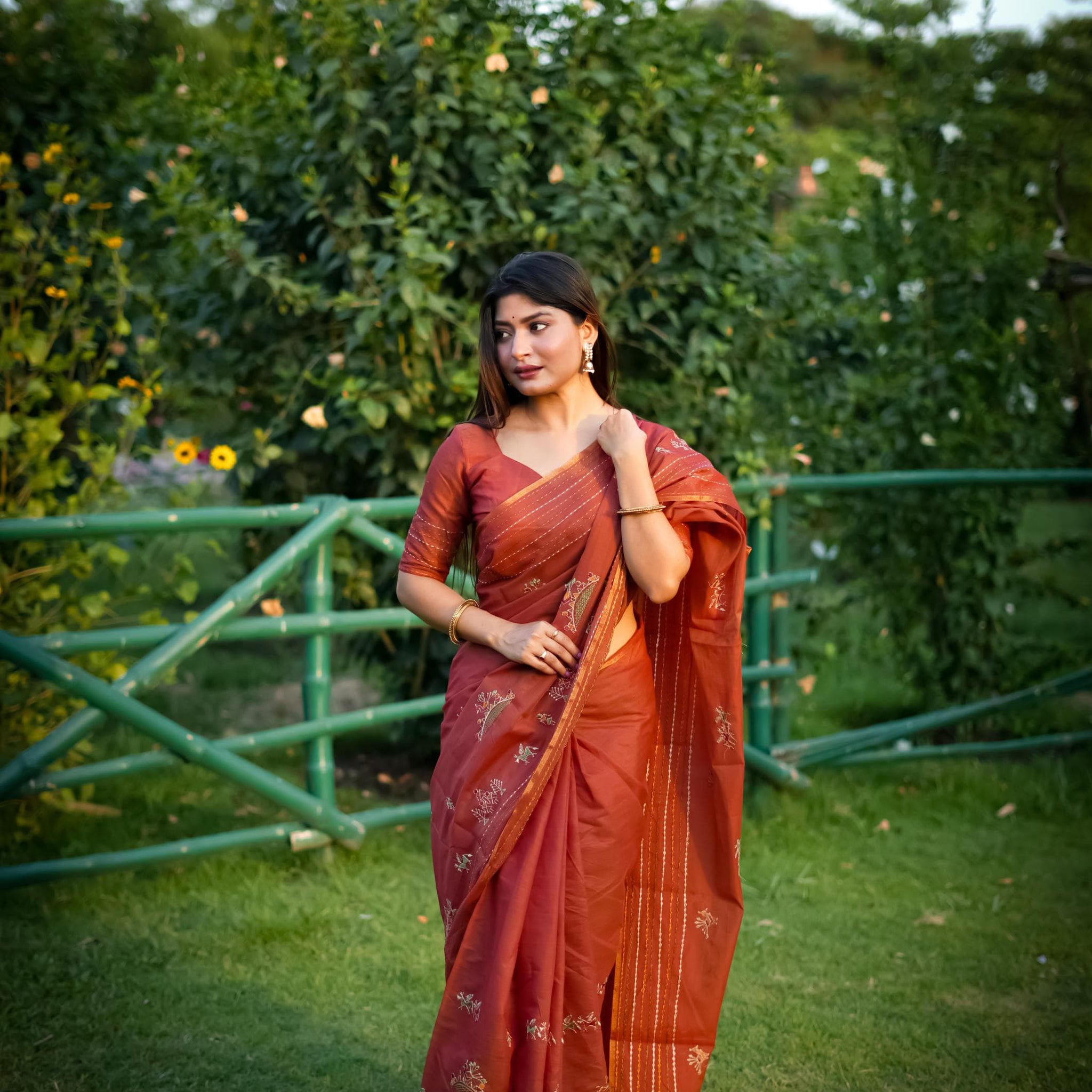 Rust Orange Khadi Tussar Silk Saree