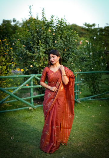 Rust Orange Khadi Tussar Silk Saree