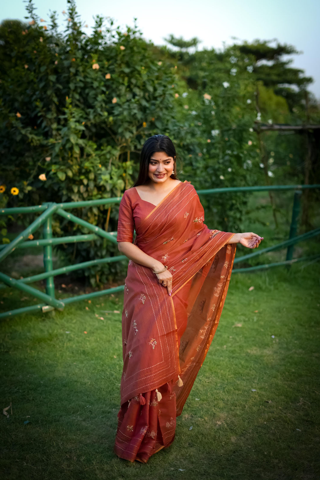 Rust Orange Khadi Tussar Silk Saree